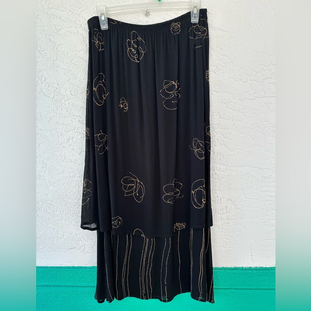 Animate By Jacques Luc Vintage Floral Black Gold Layered Maxi Skirt Medium
